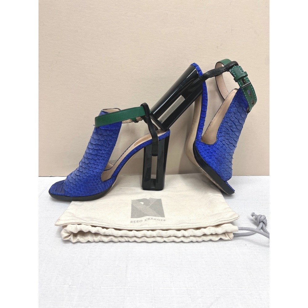 Reed Krakoff Sandals Womens 38‎ Blue Good Python Embossed Block Heel Ankle Strap